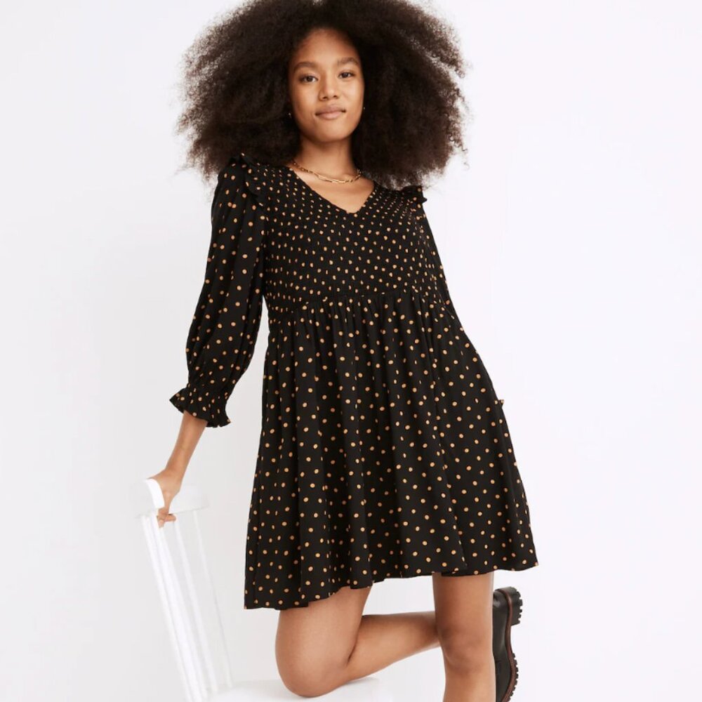 MADEWELL True Black Lucie V-Neck Smocked Mini Dress in Oval Dot